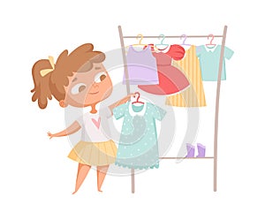 Buying clothes. Girl and dress, clothes rack. Cartoon child in fashion store choosing new look vector illustration