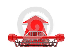 Buying Concept. Shopping Cart Trolley Over Go Forward Arrow Sign. 3d Rendering