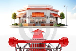 Buying Concept. Shopping Cart Trolley Over Go Forward Arrow Sign, Showing Direction to Store. 3d Rendering