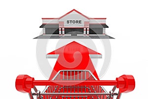 Buying Concept. Shopping Cart Trolley Over Go Forward Arrow Sign, Showing Direction to Store. 3d Rendering