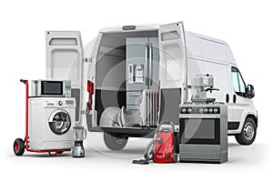 Buying and delivery household appliances concept. Delivery van with kitchen technics isolated on white photo
