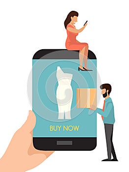 Buying dress online concept. Woman buys clothes on line by phone application. Man and woman buy things in the online