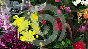 Buying flower inside supermarket. Many bunches of red, pink, yellow flowers in flowers shop. Lot of multicolored bouquets