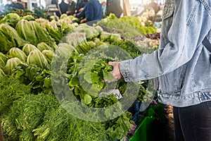 Buying fresh organic produce at the farmers& x27; market. A woman chooses fresh herbs, vegetables and fruits at a food