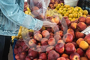 Buying fresh organic produce at the farmers& x27; market. A woman chooses fresh herbs, vegetables and fruits at a food