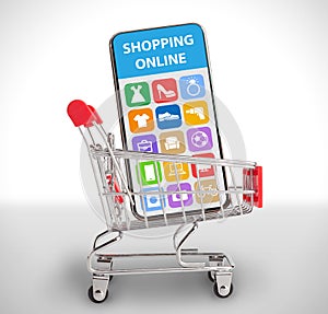 Buying goods online. Smartphone with mobile store app selling different household goods in shopping cart, collage