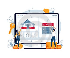 Buying a house online vector illustration. Couple touching the button on monitor screen, buy a home paying by credit