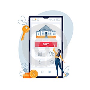 Buying house online. Woman buys real estate, touches the button on phone screen. Concept of mortgage loan or purchase of