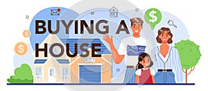 Buying a house typographic header. Real estate industry, realtor assistance