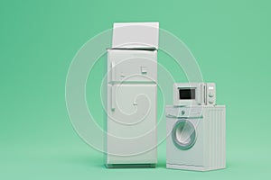 buying household appliances. refrigerator, laptop, washing machine and microwave on a green background. 3D render