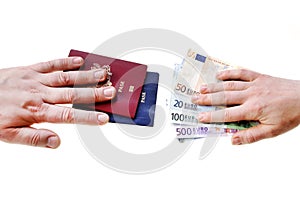 buying illegal foreign passport hands exchanging money and documents