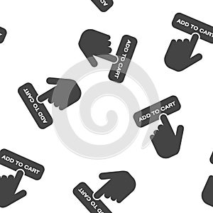 Buying in the Internet shop. The hand presses the button to buy online seamless pattern on a white background