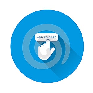 Buying in the Internet shop. The hand presses the button to buy online vector icon on blue background. Flat image with long shadow