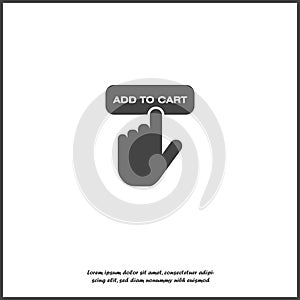 Buying in the Internet shop. The hand presses the button to buy online vector icon on white isolated background