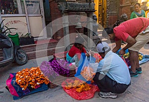 Buying Marigold Flowers for Tihar Deepawali festival and Newari New Year in Kathmandy