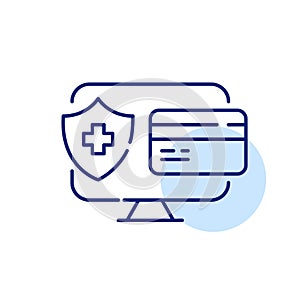 Buying medical insurance online. Desktop monitor, credit card and shield. Pixel perfect, editable stroke line icon