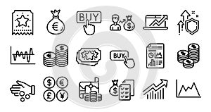 Buying, Money bag and Stock analysis line icons set. Vector