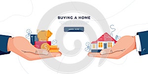 Buying a new home concept. Hands with a house and money. Deal sale, purchase of real property, mortgage loan, buy a home