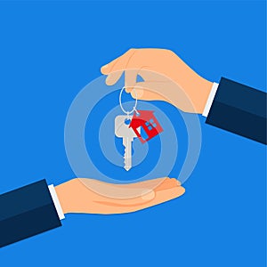 Buying a new home. Real estate agent gives a home keychain to a buyer. Vector illustration