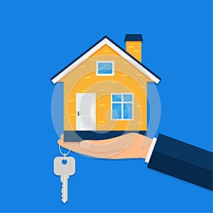 Buying a new home. Real estate agent gives a home keychain to a buyer. Vector illustration