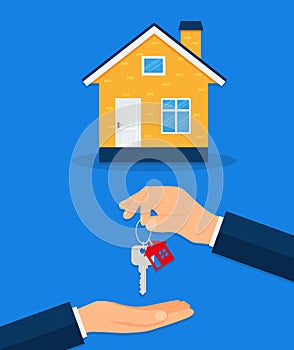 Buying a new home. Real estate agent gives a home keychain to a buyer. Vector illustration