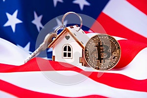 Buying real estate in the us for bitcoin. Bitcoin coin in a food basket.
