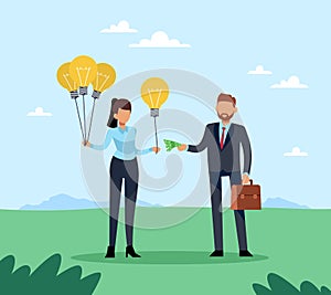 Buying and selling ideas. Idea search. Woman hold light bulbs, businessman give money. Investing in innovation and new