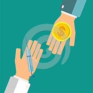 Buying syringe for money coin. Pharmacy store. Hands holding syringe and money coin. Vector illustration.