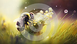 Buzzing Beauty: A Vibrant Bumblebee on a flower in grass on a Sunny Day, Generative AI