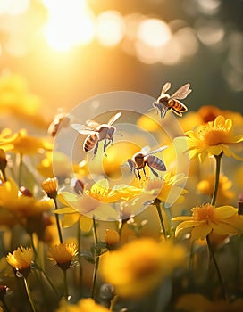 Buzzing Bees on flowers field. Spring nature. Generative Ai photo