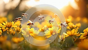 Buzzing Bees on flowers field. Spring nature. Generative Ai photo