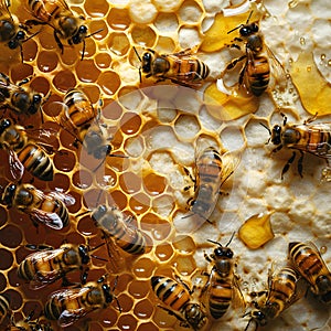 Buzzing bees over a honey background