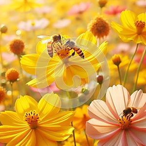Buzzing Harmony: Bees and Zinnia Flower, Generative AI. photo