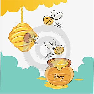 Buzzy Bee vector illustration with hive and honey pot on a white background