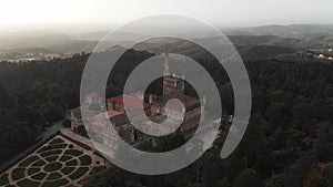 BuÃ§aco Bussaco Portugal. A drone shot at sunset.