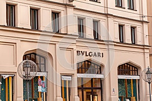 Bvlgari sign and logo at the entrance of luxury stores on Maximilanstrasse, Maximilian Street in Munich, Germany