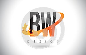 BW B W Letter Logo with Fire Flames Design and Orange Swoosh.