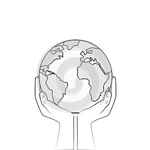 Bw earth in human hands isolated on a white background, outline style square vector illustration