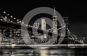 BW photo Brooklyn Bridge and Manhattan Skyline Night, New York City