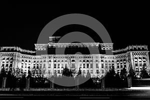 BW photo of the famous Palace of the Parliament Palatul Parlamentului in Bucharest, capital of Romania