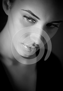 BW portrait of attractive melancholic girl