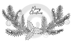 Bw wreath.A tree twig, needles, pine, berry, holly, cotoneaster, flower, balls, baubles, bulbs. Merry christmas lettering.