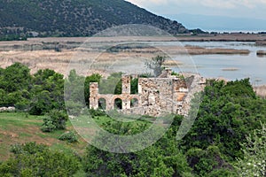 Byazntine basilica on the island of Agios Achilios , Small Prespa Lake, Macedonia, Greece