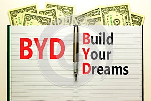 BYD build your dreams symbol. Concept words BYD build your dreams on white note on a beautiful background from dollar bills. Pen.