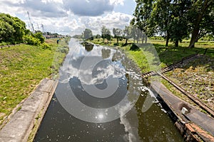 Bydgoszcz, kujawsko pomorskie / Poland-July, 8, 2020: Bydgoszcz Canal connecting two rivers. Hydrological building in Central