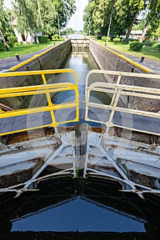 Bydgoszcz, kujawsko pomorskie / Poland-July, 8, 2020: Lock on the Bydgoszcz Canal. Hydrological building in Central Europe