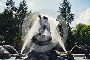 BYDGOSZCZ , POLAND - August 2022 Fontaine POTOP in BYDGOSZCZ. Deluge Fountain Fontanna Potop in center of Bydgoszcz city