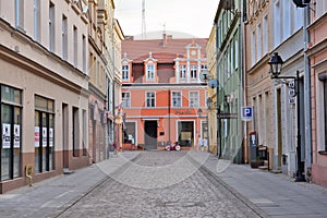 Street with old tenement houses at historical center of Bydgoszcz