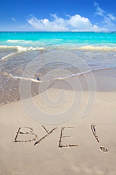 Bye spell written in beach sand tropical Caribbean