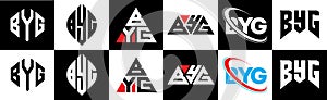 BYG letter logo design in six style. BYG polygon, circle, triangle, hexagon, flat and simple style with black and white color